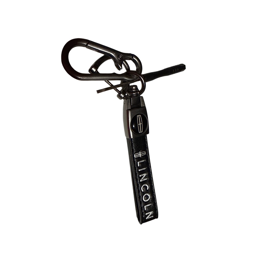 Lincoln Black Leather Keychain Gunmetal Carabiner Clip Logo Keyring Accessory